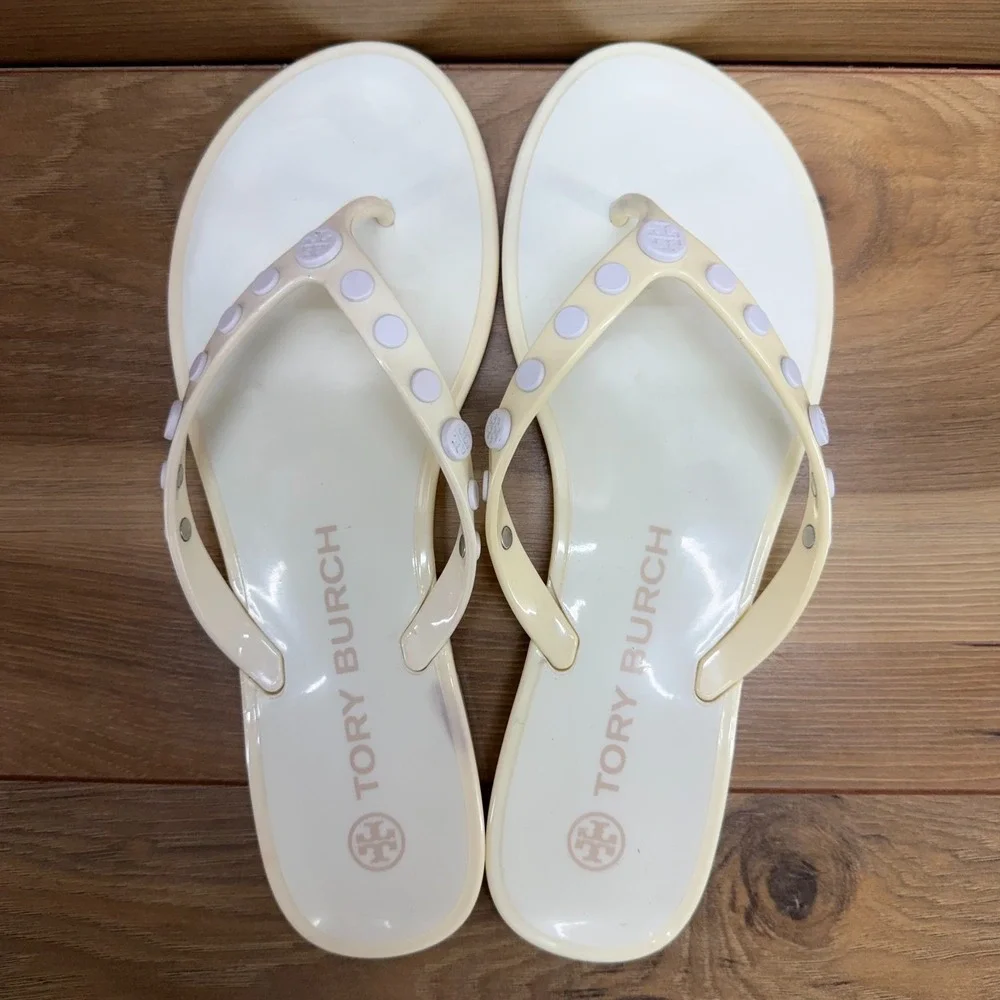 Tory Burch Jelly Studded Flip Flops Womens 7 Off White Vacation Travel Pool